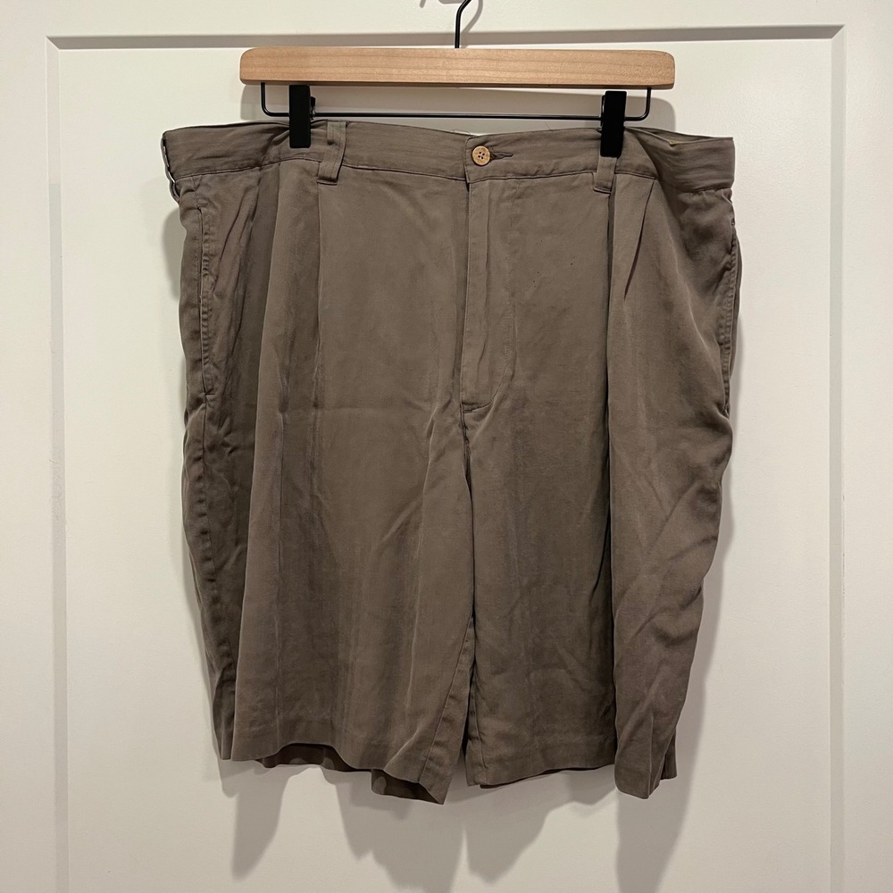 Jamaica Jaxx Mens 38 Silk Herringbone Pleated Shorts Brown Olive Tropical Casual